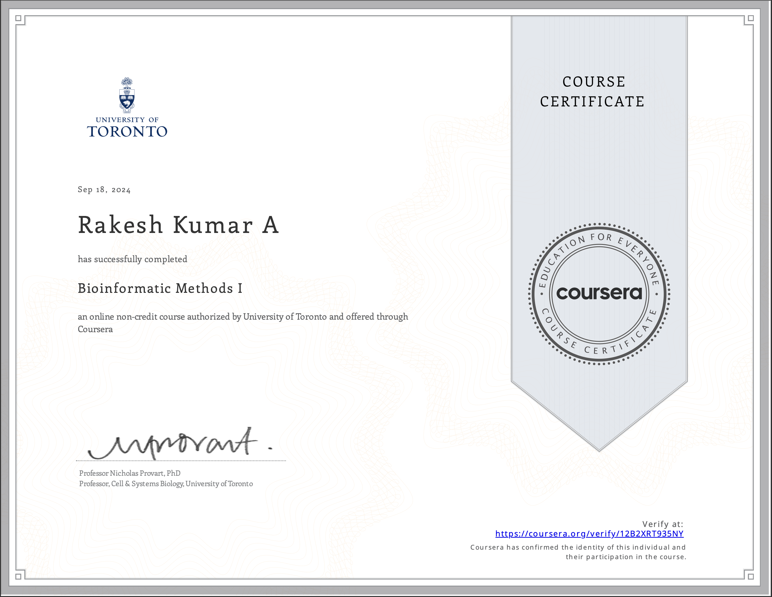 Bioinformatic Methods I Certificate