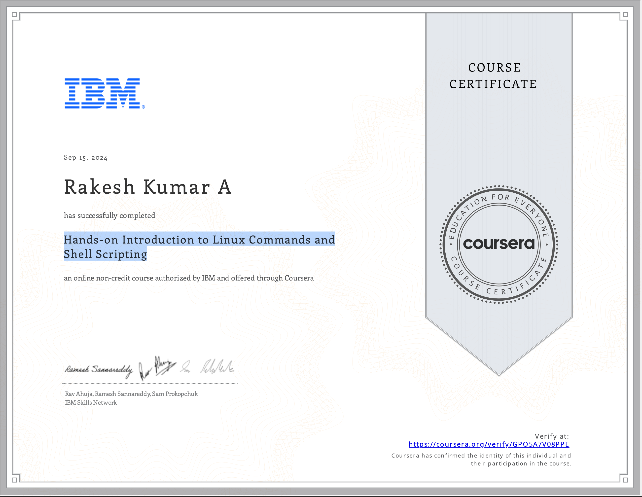 Linux Commands Certificate