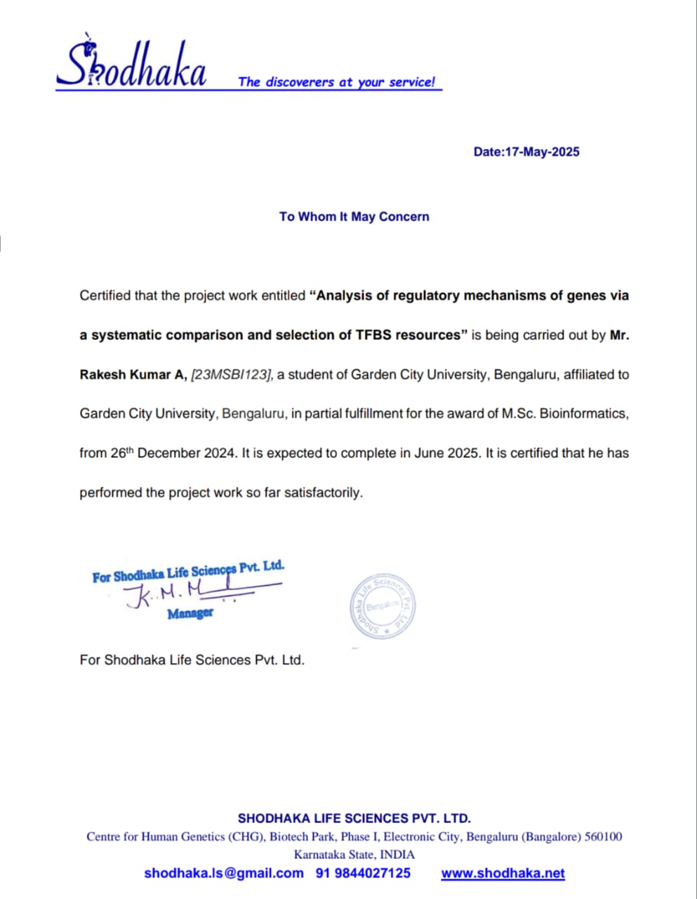Shodhaka Internship Certificate