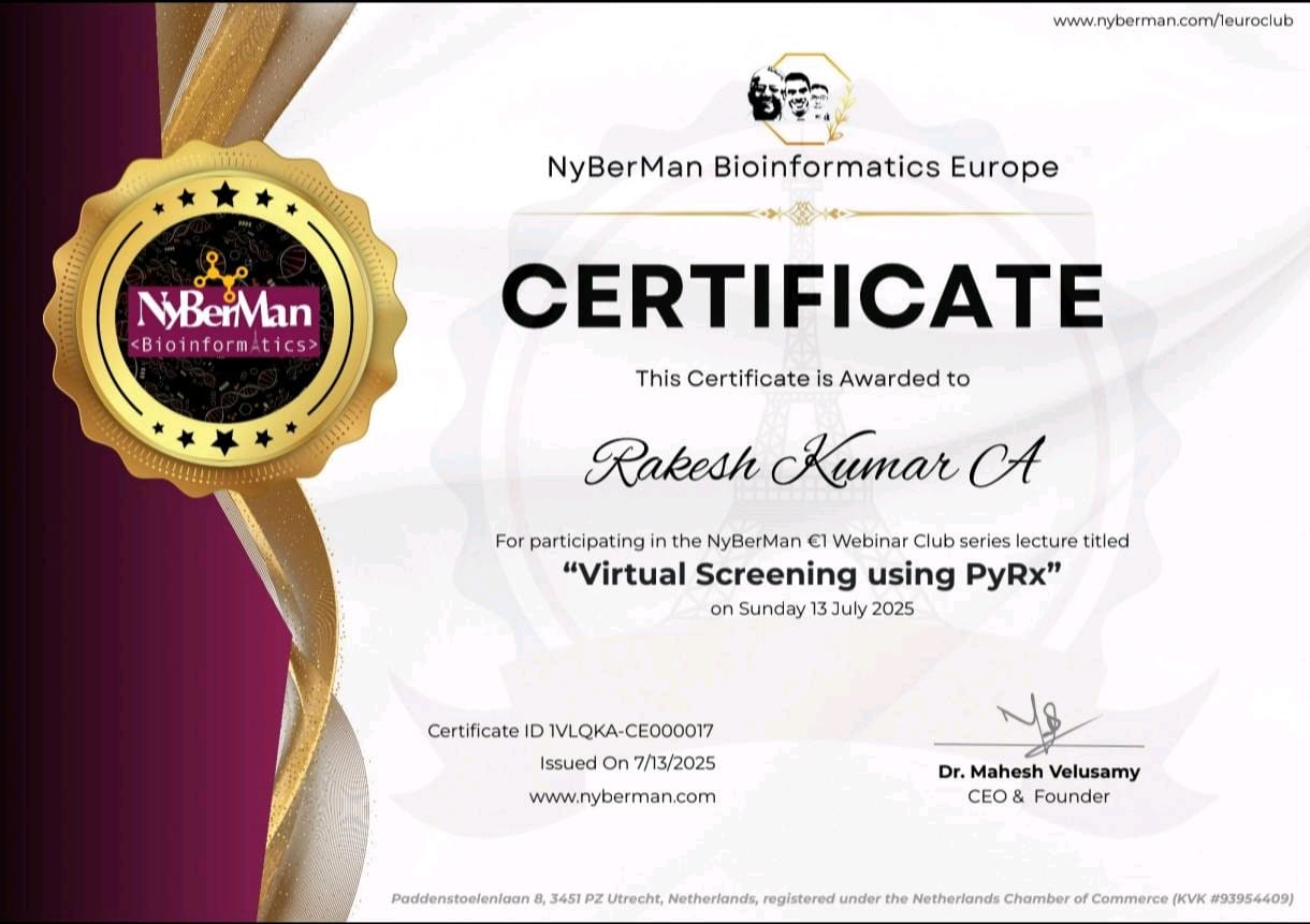 Virtual Screening using PyRx Certificate